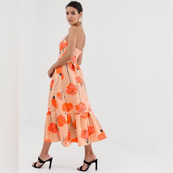 ASOS DESIGN Poppy Printed Bandeau Midi Dress with Ruffle Pep Hem - Picture 6 of 12